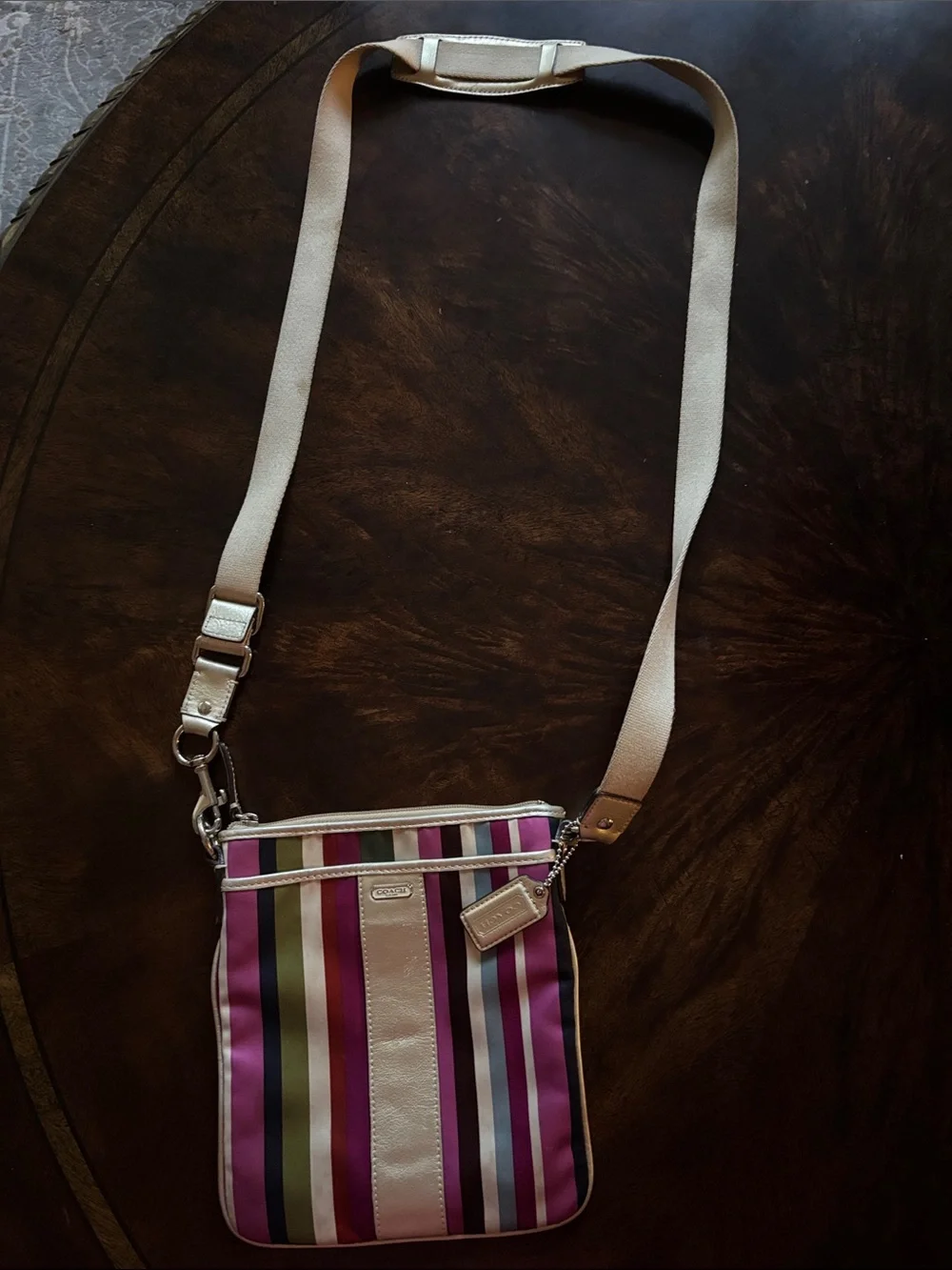 Striped Coach Crossbody Bag in Pink and Multicolor